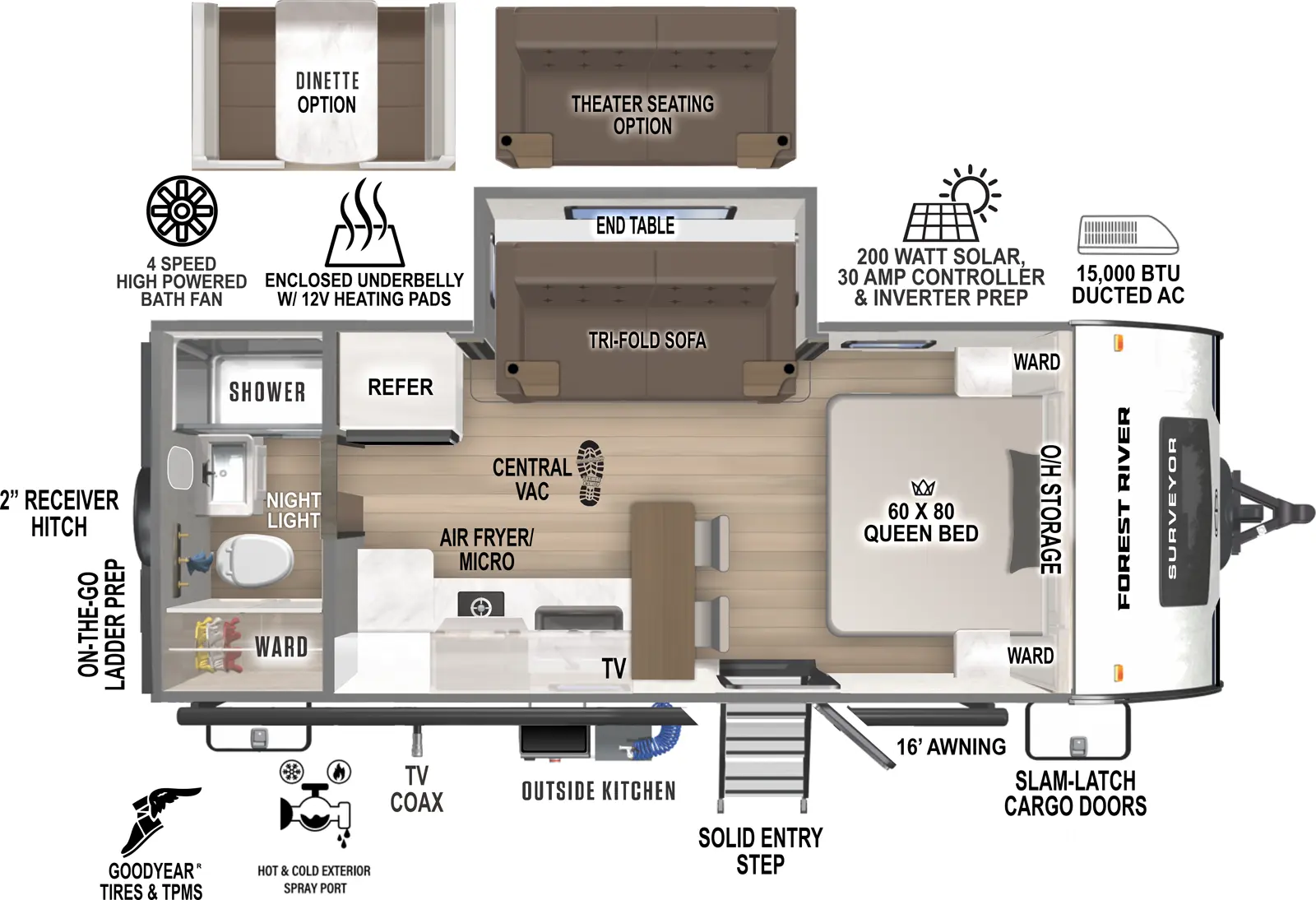The Surveyor Legend 19SSLE floorplan has one entry and one slide out. Exterior features include: fiberglass exterior, 16' awning and outside kitchen. Interiors features include: front bedroom and rear bathroom.
